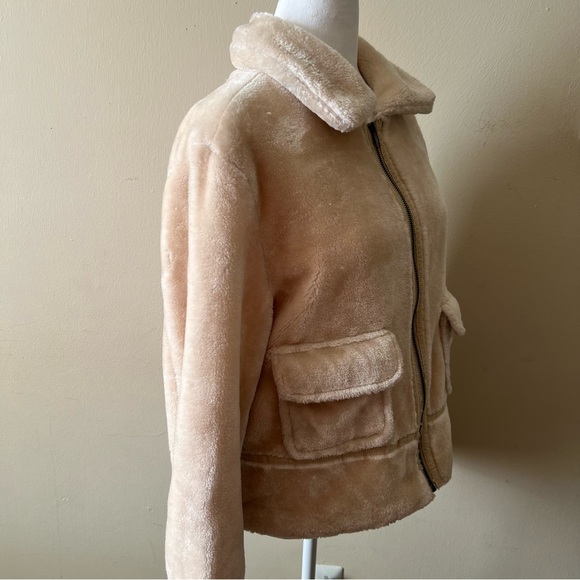 CALI 1850 Light Tan Sherpa Fleece Collar Neckline Zip Up Teddy Jacket-Size M - Picture 7 of 13